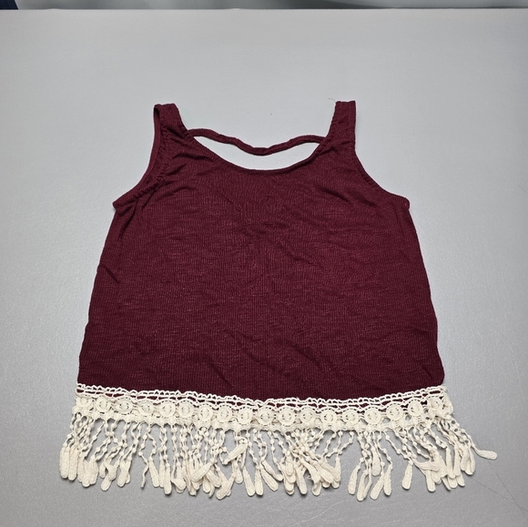 rue21 maroon crop top with crochet tassels women's size large - Picture 7 of 7